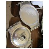 Lot - various platters and plates (some silver plate), Silver plate coffee service, and more