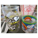 Lot - Various glass ware, Snoopy glasses, 8 elk etched high ball glasses and more