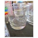 Lot - Various glass ware, Snoopy glasses, 8 elk etched high ball glasses and more