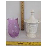 Vintage arnels pottery 10" ceramic jar & etched glass flower vase