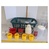Plastic plates, cups, pitcher, bowls & more