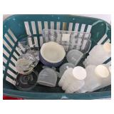 Plastic plates, cups, pitcher, bowls & more