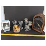 Candle holders, small oil lamp & small mirror