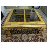 Large 4 panel glass top wood coffee table 38" W x 17" H