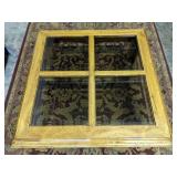 Large 4 panel glass top wood coffee table 38" W x 17" H