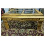 Large 4 panel glass top wood coffee table 38" W x 17" H