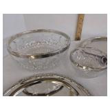 (2) Crystal bowls w/metal rim, metal plates, metal baskets & more