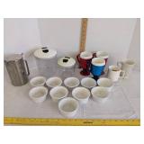 Custard dishes, (2) canisters, plastic cups & metal pitcher