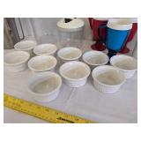 Custard dishes, (2) canisters, plastic cups & metal pitcher