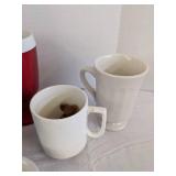 Custard dishes, (2) canisters, plastic cups & metal pitcher