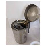 Custard dishes, (2) canisters, plastic cups & metal pitcher