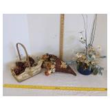 Metal basket w/pine cones, wicker basket w/faux flower & faux flower w/planter