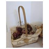 Metal basket w/pine cones, wicker basket w/faux flower & faux flower w/planter