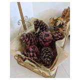 Metal basket w/pine cones, wicker basket w/faux flower & faux flower w/planter
