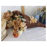 Metal basket w/pine cones, wicker basket w/faux flower & faux flower w/planter