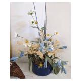 Metal basket w/pine cones, wicker basket w/faux flower & faux flower w/planter