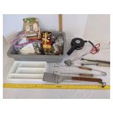 Kitchen utensils, busboy tote & burger press