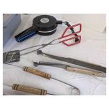 Kitchen utensils, busboy tote & burger press