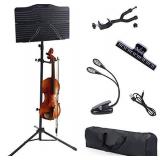 Klvied Sheet Music Stand with Violin Hanger, Portable Folding violin Stand, Foldable Music Stand for Sheet Music, Violin Music Stand with Carrying Bag, Light, Black