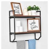 Bathroom Shelves Rustic Wall Shelf with Metal Wall Mounted Wood Shelving,Floating Shelves Towel Rack Storage Shelf Rack(2-Tier) (Black Bracket & Brown Shelves)