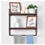 Bathroom Shelves Rustic Wall Shelf with Metal Wall Mounted Wood Shelving,Floating Shelves Towel Rack Storage Shelf Rack(2-Tier) (Black Bracket & Brown Shelves)