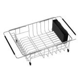 iPEGTOP Expandable Deep & Large Dish Drying Rack, Over the Sink, In Sink Or On Counter Dish Drainer with Black Removable Utensil Silverware Holder, Rustproof Stainless Steel