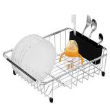 iPEGTOP Expandable Deep & Large Dish Drying Rack, Over the Sink, In Sink Or On Counter Dish Drainer with Black Removable Utensil Silverware Holder, Rustproof Stainless Steel