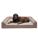 Furhaven Memory Pet Bed for Dogs and Cats - Sofa-Style Faux Fur and Durable Performance Linen Couch Dog Bed with Removable Washable Cover, Woodsmoke, Jumbo Plus (XX-Large)