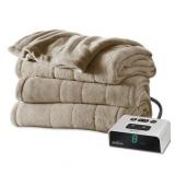 Sunbeam Electric Heated Plush Channeled Blanket, Dual Controls, Queen, Mushroom