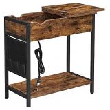 VASAGLE End Table with USB Ports & Power Outlets, Flip Top Side Table with Charging Station, Nightstand with Storage Shelf and Fabric Bag, for Living Room, Bedroom, Rustic Brown and Black ULET310B01V1