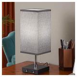Table Lamp for Bedroom, Seealle Grey USB Bedside Lamp with 2 USB Fast Charging Port, 10 Inch Small Nightstand Lamp Desk Lamp with Solid Wood Base Pull Chain Lamp for Bedroom Living Room Guest Room