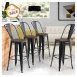 MF Studio Vintage Set of 4 Industrial Styled Bar Stools, Metal Indoor Outdoor Dining Kitchen Cafe Side Stool Chairs (Glossy Black) -Retail $229.99