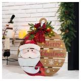 Glitzhome Lighted Round Wooden Santa Porch Decor, 30" -Retail $99.99