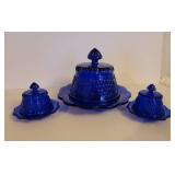 3 Vintage Cobalt Blue Glass Butter or Cheese Dishes with Grapes and Cable Design