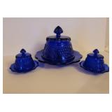 3 Vintage Cobalt Blue Glass Butter or Cheese Dishes with Grapes and Cable Design