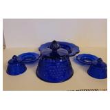 3 Vintage Cobalt Blue Glass Butter or Cheese Dishes with Grapes and Cable Design