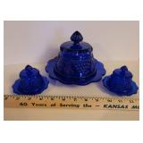 3 Vintage Cobalt Blue Glass Butter or Cheese Dishes with Grapes and Cable Design