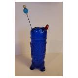 Vintage Cobalt Blue Glass Hat Pin Holder with 2 Hatpins in Grapes and Cable Design
