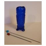 Vintage Cobalt Blue Glass Hat Pin Holder with 2 Hatpins in Grapes and Cable Design