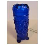 Vintage Cobalt Blue Glass Hat Pin Holder with 2 Hatpins in Grapes and Cable Design