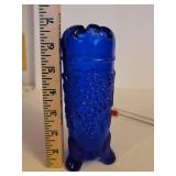 Vintage Cobalt Blue Glass Hat Pin Holder with 2 Hatpins in Grapes and Cable Design