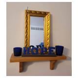 Mirror, 2 Cobalt Blue Glass Votive Holders, Wooden Shelf Home Decor
