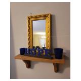 Mirror, 2 Cobalt Blue Glass Votive Holders, Wooden Shelf Home Decor