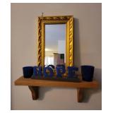 Mirror, 2 Cobalt Blue Glass Votive Holders, Wooden Shelf Home Decor