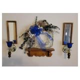 2 Cobalt Blue Glass Wall Sconces, 2 Mirrors, Wooden Shelf, and Decor