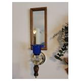 2 Cobalt Blue Glass Wall Sconces, 2 Mirrors, Wooden Shelf, and Decor