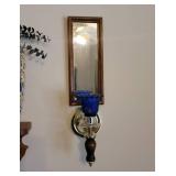 2 Cobalt Blue Glass Wall Sconces, 2 Mirrors, Wooden Shelf, and Decor