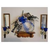 2 Cobalt Blue Glass Wall Sconces, 2 Mirrors, Wooden Shelf, and Decor