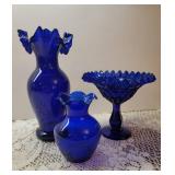 2 Vintage Cobalt Blue Glass Vases and Cobalt Blue Glass Pedestal Dish