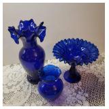 2 Vintage Cobalt Blue Glass Vases and Cobalt Blue Glass Pedestal Dish